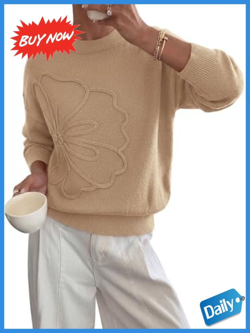 Women's Floral Knit Pullover Sweater Long Sleeve Crewneck